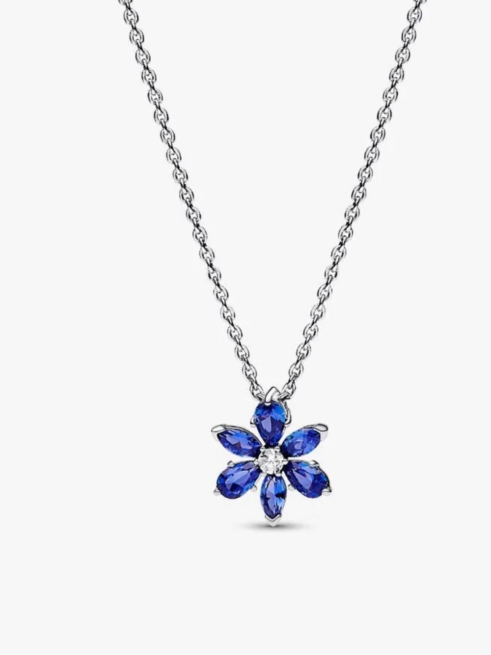 Pandora Silver Necklace with Blue Flower Crystal Pendant